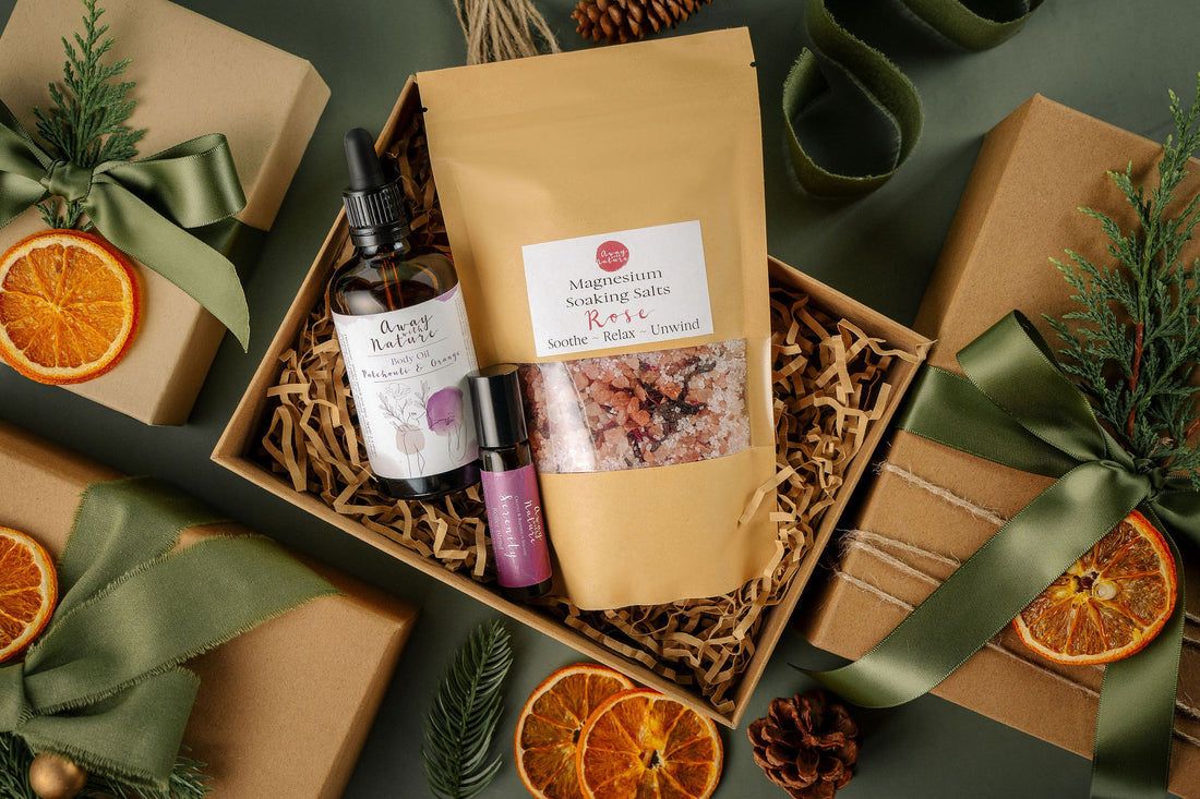 Evening Ritual Christmas gift set by Away with Nature: Magnesium Rose Soaking Salts, Patchouli and Orange Body Oil and Serenity Roller Blend in a kraft gift box