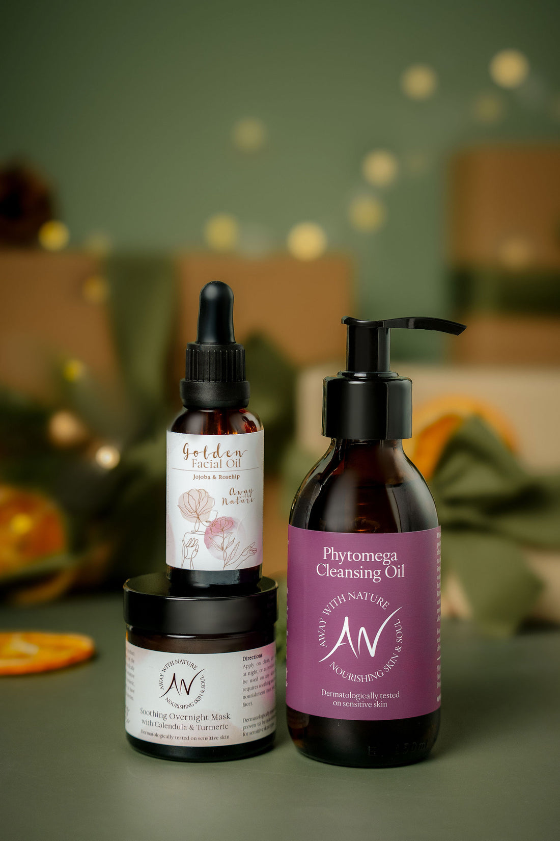 A Gift of Glowing Skin Christmas gift set by Away with Nature with Phytomega Cleansing Oil, Golden Facial Oil and Calendula and Turmeric Overnight Mask