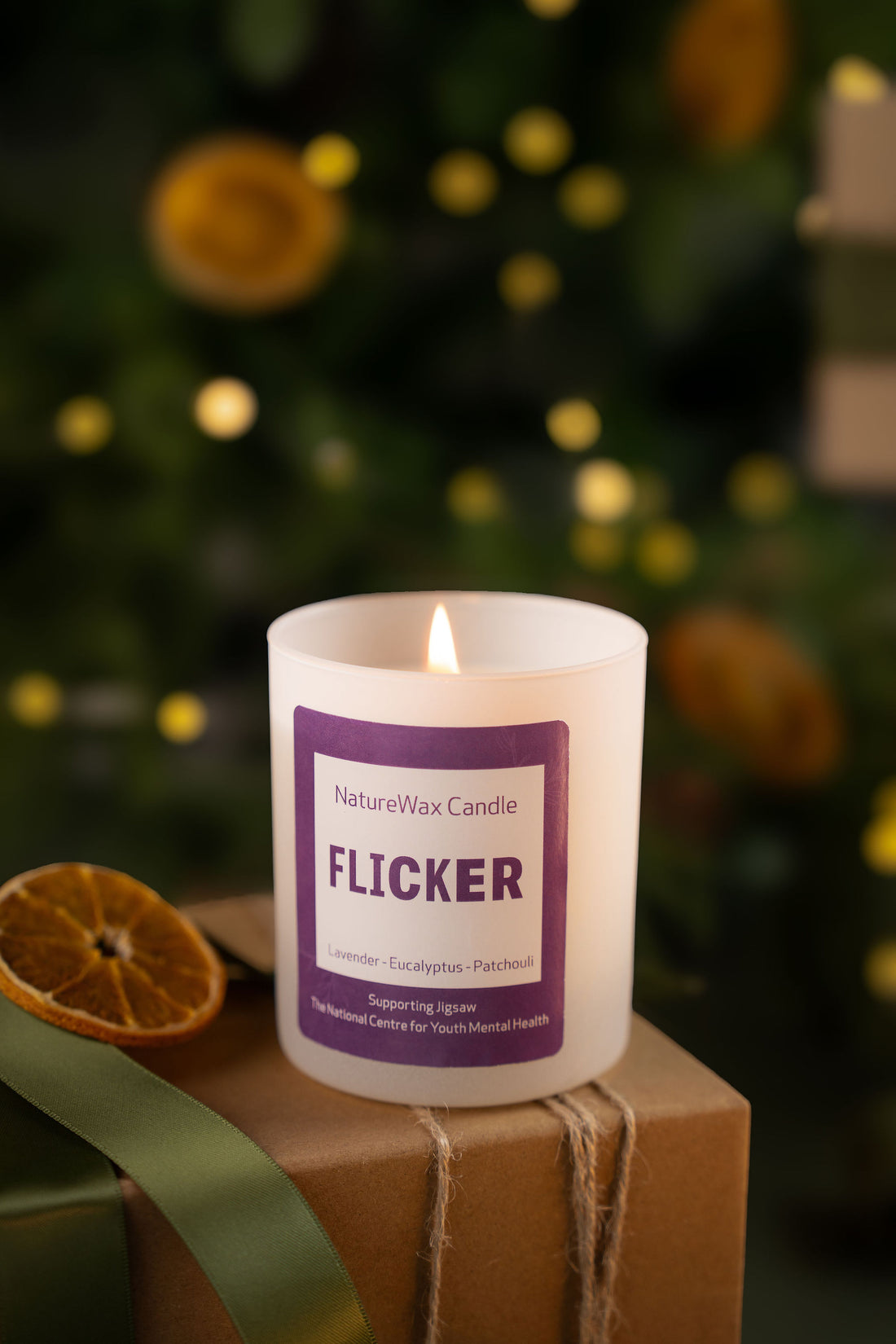 Flicker candle by Away with Nature in its gift box, a lavender, eucalyptus and patchouli candle with 100% of profits donated to Jigsaw Ireland