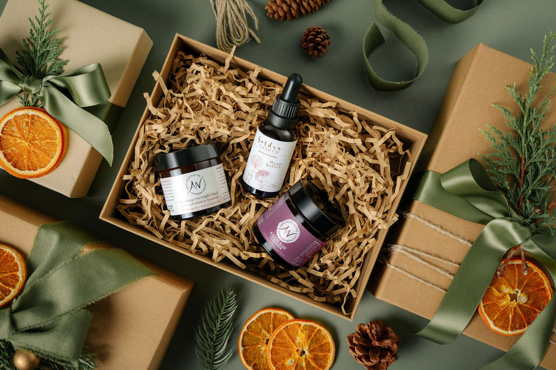 A Gift of Glowing Skin Christmas gift set by Away with Nature with Kaolin Rose Cleanser, Golden Facial Oil and Calendula and Turmeric Overnight Mask
