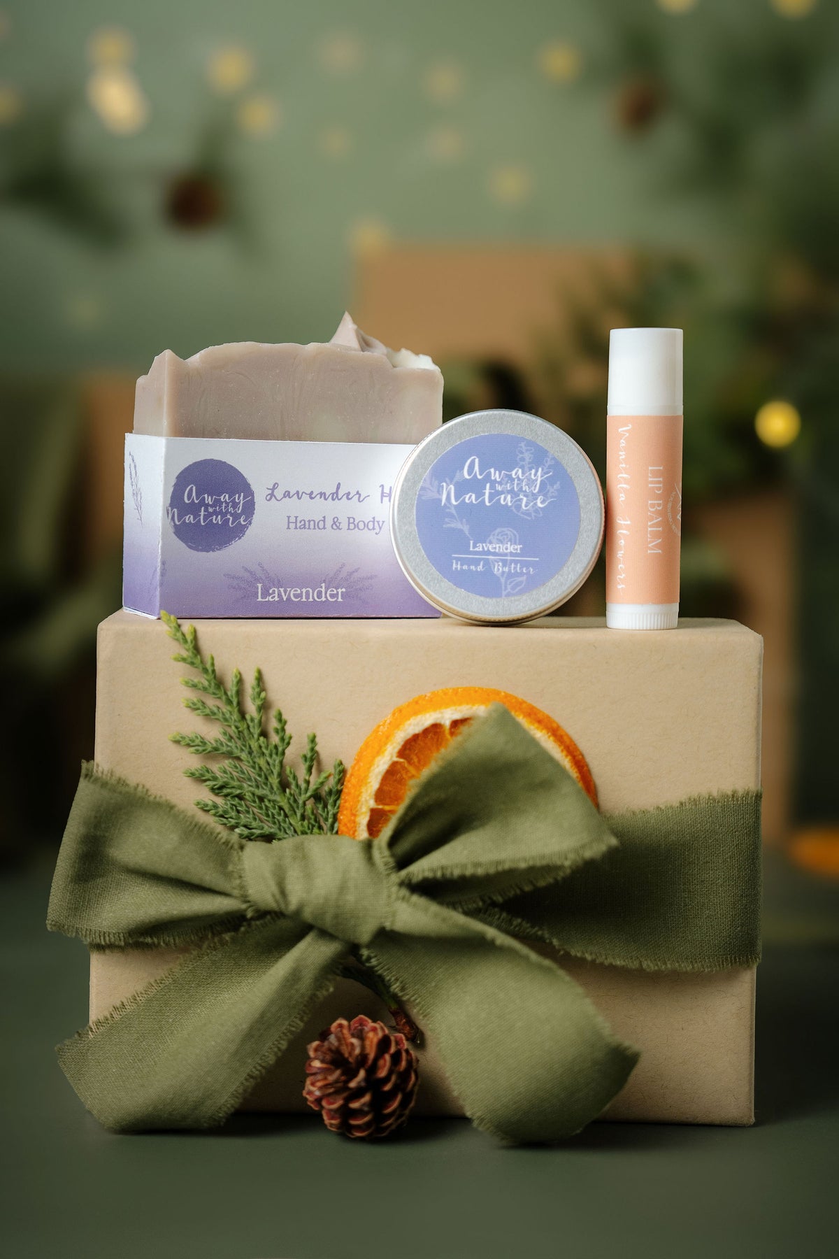 The Little Ritual Christmas gift set in Lavender: Lavender Haze hand and body bar, Lavender hand butter and Vanilla Flowers lip balm by Away with Nature